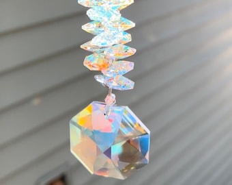 Top Quality Beautiful Large 40mm Stacked Swarovski Crystal Octagon Beaded 12 1/2”Long Suncatcher Window Crystal, Sunburst of Rainbows, Gift