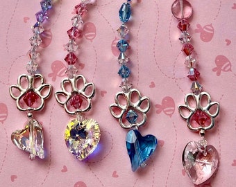 Silver Paw Print Swarovski Crystal Beaded Heart Rainbow Bridge Rearview Mirror Suncatcher, Pink/Blue/Rainbow, Memory Pet Loss Gift