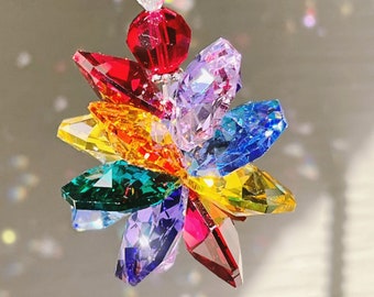 Color Options 8" Rainbow Beaded Starburst Cluster Suncatcher, Rearview Mirror Car Charm Hanging Crystals, Dancing Rainbows Sun Catcher