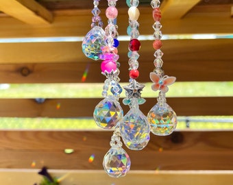 Choose Crystal Ball Size, Choose  Your Color Boho Hippie Vibe Beaded Crystal Hanging Rearview Mirror Window Suncatcher, Light, Sun, Rainbows