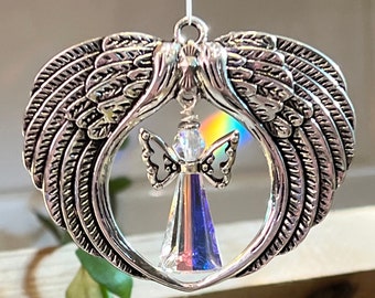 Swarovski Crystal, Many Colors, Birthstone, Guardian Angel Wings, Rearview Mirror Car Charm, Rainbow Maker, Crystal AB, Green, Violet, Blue