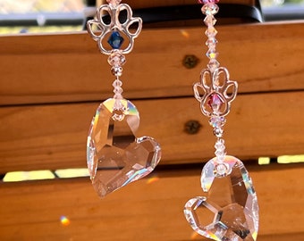 Pink/Blue Swarovski Crystal Memorial Heart Pawprint Memorial, Memory Pet Gift Rainbow Bridge Crystal Suncatcher, Rearview Mirror Car Charm