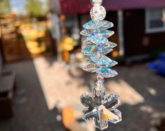 Fancy Snowflake Swarovski Crystal Suncatcher Rearview Mirror Car Charm, Christmas Winter Gift, Sparkly AB Strass Sun Catcher, Stocking Gift