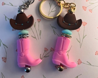 Saddle Up Cowgirl Keychain Keyring, Beaded Car Accessory, Silicone Beaded, Chunky Beaded, Pink Cowgirl Boots, Cowgirl Hat, Unique Gift