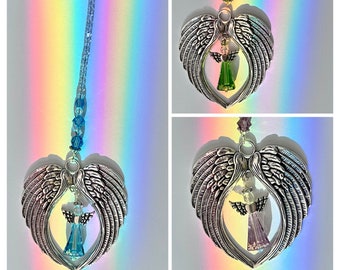 Real Rainbow Angels in Angel Wings Swarovski Crystal Rearview Mirror Suncatchers, Birthstone Colors Light Amethyst, Aqua Blue, Peridot Green