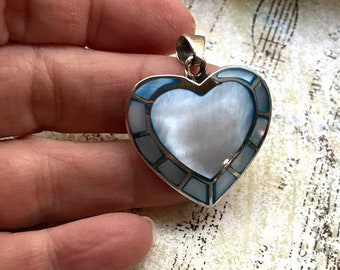 Sterling Silver Mother of Pearl Heart Pendant, Heart Pendant, Blue, White, Heart, Heart Necklace, 1 1/2" x 1 1/2" Heart Pendant, Moms Gift