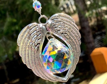 Choose Length Beaded Guardian Angel Wings Aurora Borealis Large Crystal Ball Rainbow Rearview Mirror Hanging Sparkly Window Crystal, Gift