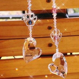 Many Colors Swarovski Crystal Memorial Heart Beaded Pawprint Memory Pet Rainbow Maker Crystal Suncatcher, Pawprint, Rainbow Bridge Car Charm
