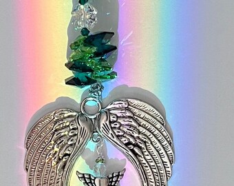 Real Rainbows 4 Leaf Heart Clover, Swarovski Crystal, Green, Rearview Mirror Car Charm Suncatcher, Saint Patricks Day, Irish, Celtic, Clover