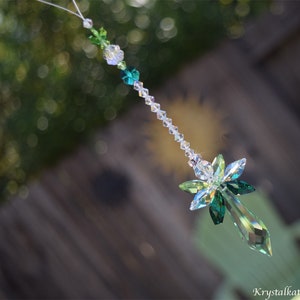 3 Colors of Drops, Peridot Green, Antique Green, or Clear Angel Body, 4 Leaf Clover, Shamrock Crystal Angel Merry Morna Car Charm Suncatcher