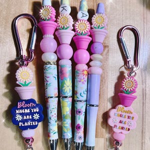 Optional Beaded Initial Pen: Sunflower Flower Pot with Matching Carabiner Keychain, Journaling, Stocking Stuffer, Bag Tags, Gardener Gift