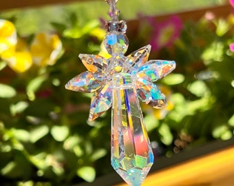 38 Wing Colors, Swarovski Crystal AB Aurora Borealis Guardian Angel Rainbow Suncatcher for Car or Home, Hanging Window Crystal Ornament