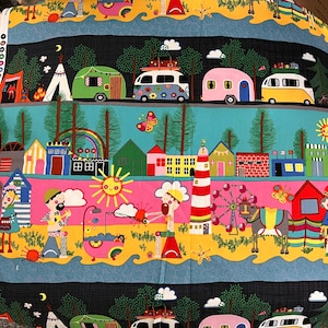 Happy Camper Fabric, Colorful Cotton Fabric, Quilting, Pillows, Curtains