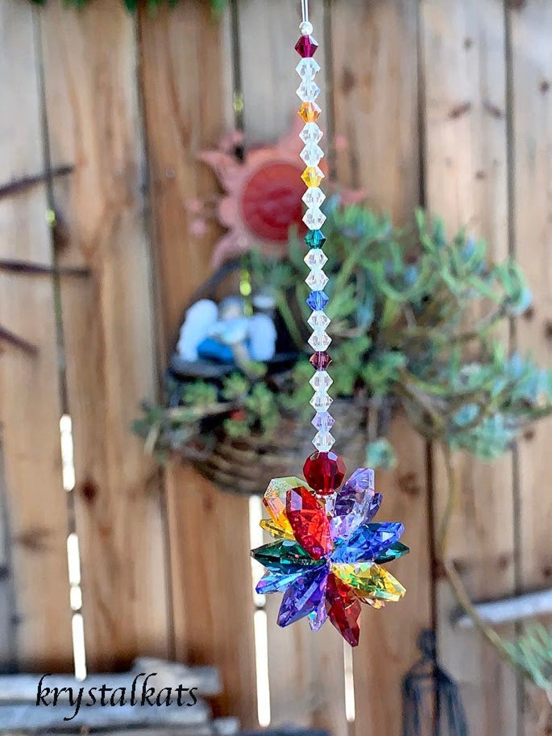 Color Options 8 Rainbow Beaded Starburst Cluster Suncatcher, Rearview Mirror Car Charm Hanging Crystals, Dancing Rainbows Sun Catcher image 3