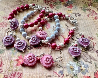 Valentine Heart Mulberry Pink or Powder Blue Swarovski Pearl Bracelet, Bracelets with Matching Heart Earrings, Unique Handmade Jewelry