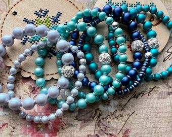 Spring Iridescent Blue Swarovski Pearl Bracelet: Crystal Silver Bead