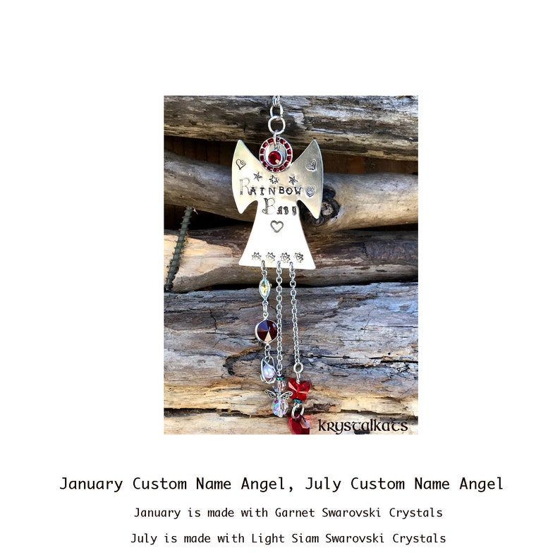 July Birthstone Rainbow Baby Angel Guardian Garden Angel Charm Hand Stamped Name Car Suncatcher Custom Name Metal Stamping January