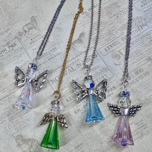 Swarovski Crystal Angel Wing Necklace, Silver or Gold Chain and Wings Choice, Peridot Green, Crystal AB, Aqua Blue, Amethyst