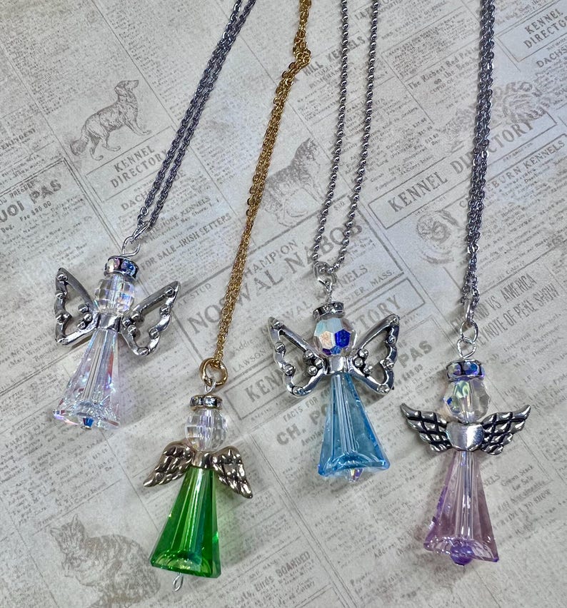 Swarovski Crystal Angel Wing Necklace, Silver or Gold Chain and Wings Choice, Peridot Green, Crystal AB, Aqua Blue, Amethyst