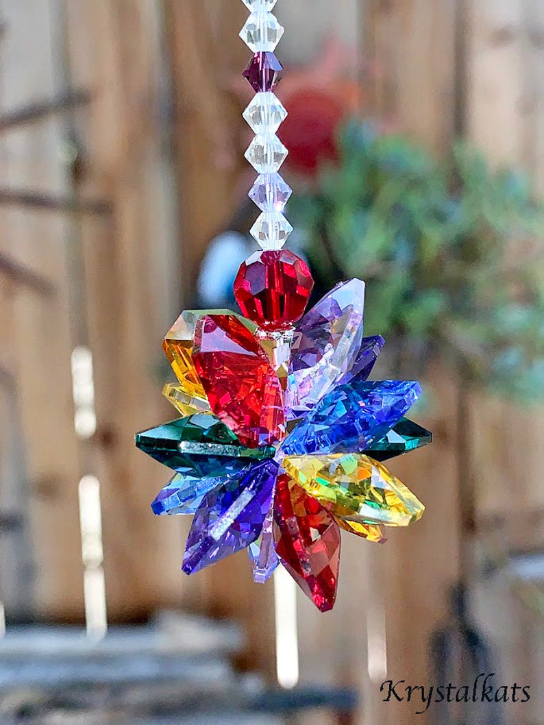 Color Options 8 Rainbow Beaded Starburst Cluster Suncatcher, Rearview Mirror Car Charm Hanging Crystals, Dancing Rainbows Sun Catcher image 6