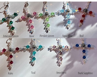 Large Birthstone Colors Swarovski Crystal Beaded Cross, Rearview Mirror Car Charm, Necklace, Christian, Sparkly Stocking Stuffer, handmade