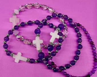 Amethyst Gemstone Stretch Beaded Stone Cross or Light Pink Purple AB Czech Bracelet