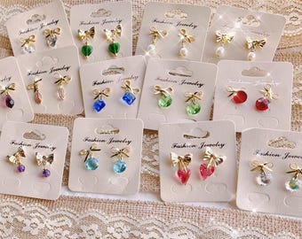 Very Pretty, Gold Bow Dainty Post Earrings, Swarovski Crystal & Pearl Dangle, 18k Gold Plated