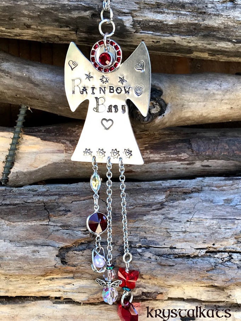 July Birthstone Rainbow Baby Angel Guardian Garden Angel Charm Hand Stamped Name Car Suncatcher Custom Name Metal Stamping January