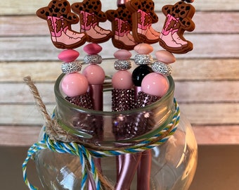 Rhinestone Pink and Brown Cowgirl Chunky Bead Boot and Hat, Cowboy, Beaded Pens, Western, Party Favors, Small Gift, Mothers Day, Birthdays