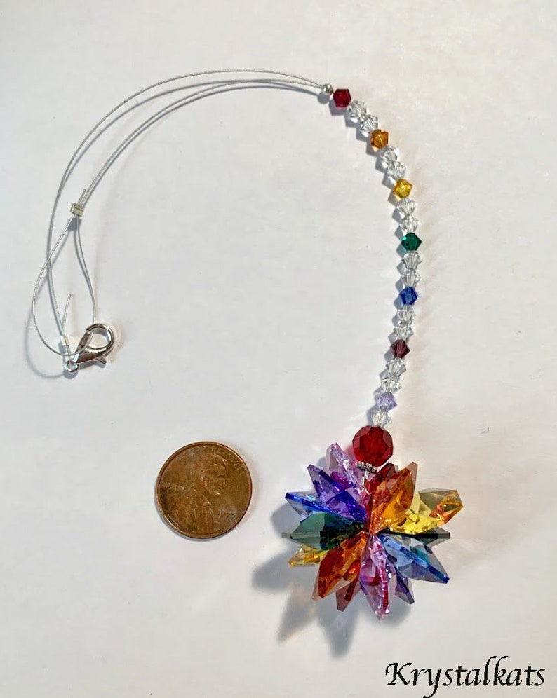 Color Options 8 Rainbow Beaded Starburst Cluster Suncatcher, Rearview Mirror Car Charm Hanging Crystals, Dancing Rainbows Sun Catcher image 5