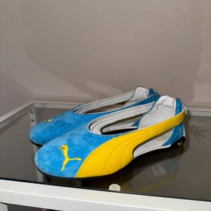 Sandali Puma Speedcat blu e gialli, scarpe da ginnastica vintage anni 2000-2002