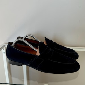 Santoni suede leather navy loafers classic shoes made in Italy rare vintage