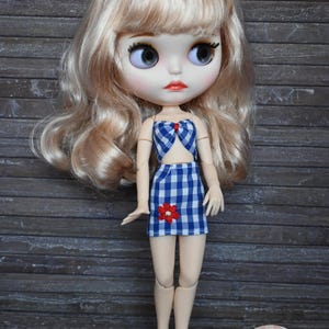 May include: A fashion doll with blonde hair and large eyes, wearing a blue and white gingham two-piece outfit with a red flower accent. Black sunglasses rest on the doll's head. White shoes are placed near the doll's feet.
