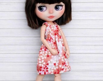 Handmade Blythe Doll Dress – Red Pink White Floral Cotton Fabric Summer Outfit