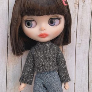 Blythe Knitted Sweater – Grey Acrylic Yarn & Silver Lurex – Handmade Doll Clothes