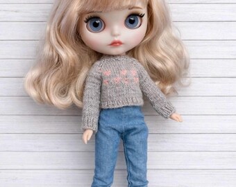 Handmade Blythe Sweater – Grey Knit with Pink Details, OOAK Acrylic Pullover