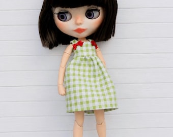 Green Gingham Blythe Doll Dress – Handmade OOAK 1/6 Scale Outfit - summer dress