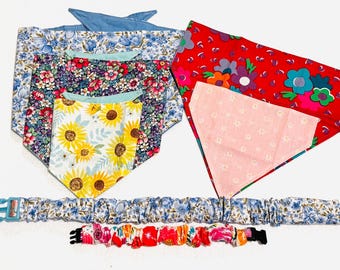 Floral Pet Neckwear | Handmade Bandanas Scarves and Scrunchies | Blue Botanical, Sunflower, & Wildflower | Spring Pet