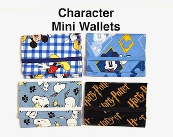 Character Themed Mini Wallet, Handmade Fabric Card and Cash Holder, Elastic Closure, Single Pocket