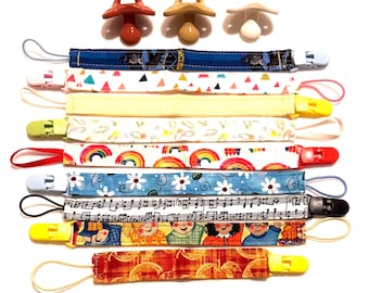 Baby Pacifier Holder Strap, Colorful Prints, Fits most Pacis, Newborn Shower Gift, Gender Neutral