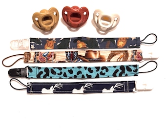 Animal Print Pacifier Clips for Babies, Cheetah Pattern, Western Cowboy Horses, Deer Antlers