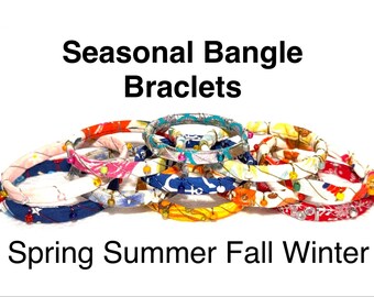 Seasonal Fabric Bangle Bracelets, Colorful Wrist Jewelry, Seed Beed Details, Wire Accents, Flexible Cuff