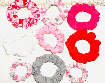 Heart Themed Scrunchies - Valentines Hair Accessory - Handmade with Cotton Fabric - Elastic Hair Band