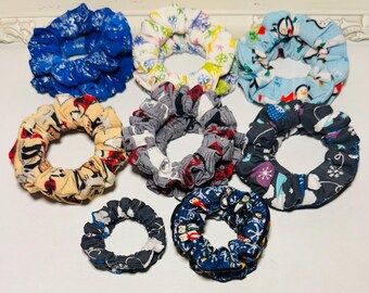 Winter Theme Scrunchies | Handmade Fabric Hair Tie | Snowflakes Penguins Mittens Deer | Customizable Gift Set