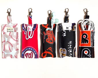 Sports Team Mini Pocket Keychain,  Handmade Fabric Essentials Holder, Baseball Football Hockey, Fan Gear