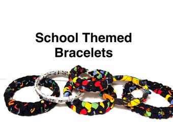 School Themed Bracelets, Flexible Bangle Cuff or Stretchy Designs, Fabric Slip On Jewelry