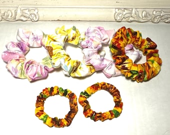 Handmade Flower Scrunchies: Cotton Fabric Hair Ties with Floral Prints -Sunflower, Daisy, Violets