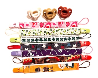 Holiday Pacifier Holder Strap, Valentines St Patrick 4th of July Halloween Thanksgiving, Newborn Essential