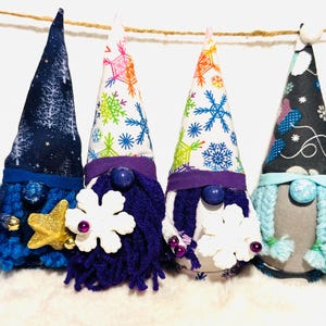 Handmade Winter Gnome with Trees, Snowflakes & Mittens – Christmas Holiday Decor, Rustic Winter Shelf Sitter, Scandinavian Fabric Gnome Gift