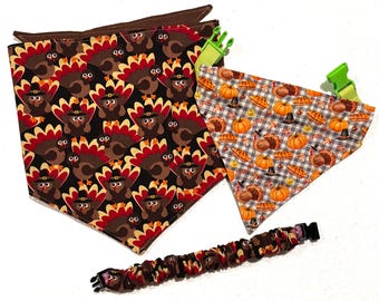 Thanksgiving Pet Bandanas Scarves & Scrunchies | Cartoon Turkey | Dog/Cat Autumn Harvest Accessories | Over the Collar